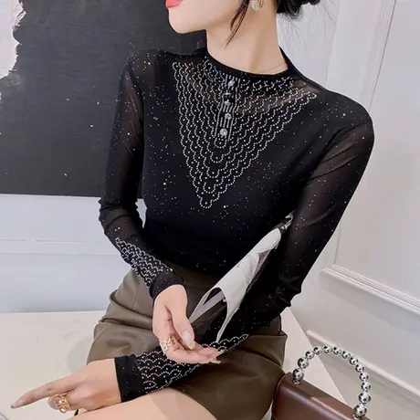 欧货加绒半高领打底衫女士内搭性感网纱长袖T恤修身显瘦烫钻上衣商品大图