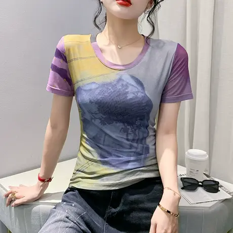 拼色印花上衣女2023夏装新款时尚圆领网纱T恤短袖气质减龄小衫潮商品大图