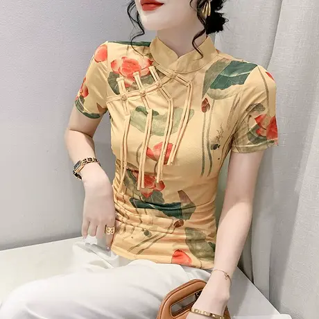 复古盘扣T恤女短袖中国风改良设计感立领上衣气质印花网纱小衫夏商品大图