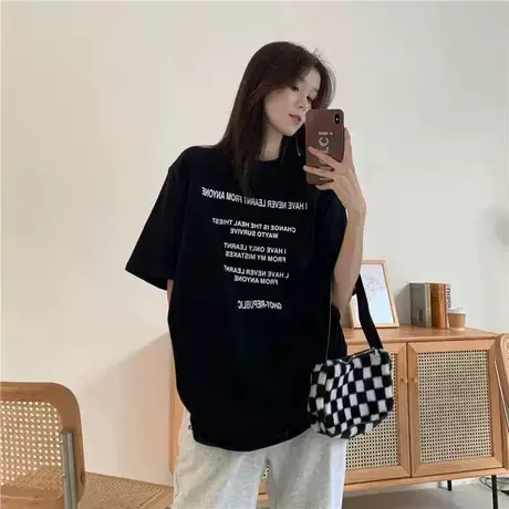 小众别致纯棉短袖t恤女夏大码中长款宽松显瘦遮屁股爆款ins潮上衣商品大图