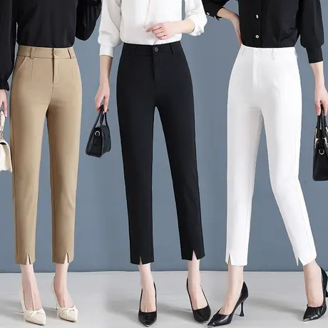 休闲直筒裤女小个子铅笔西装裤子2023春夏季小脚开叉高腰九分裤图片