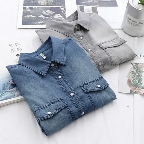 牛仔衬衫女2019新款韩范修身纯棉打底外穿休闲衬衣春秋季长袖上衣图片