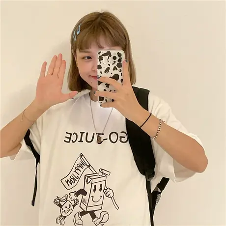 原创卡通可爱2023新款韩版宽松圆领纯棉短袖T恤盐系少女上衣ins潮图片