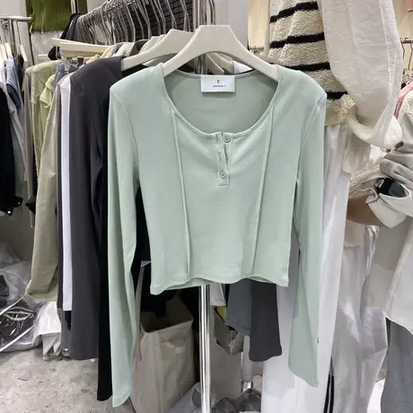 2023春夏新款小性感辣妹鱼骨设计V领长袖针织衫T恤女短款上衣小衫商品大图