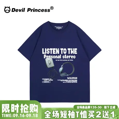 vintage港风藏蓝色短袖女t恤小众超火高街ins潮牌正肩半袖上衣夏图片