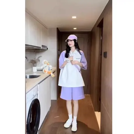 紫色休闲运动polo套装女夏季宽松bf慵懒风短袖短裤两件套盐系炸街图片