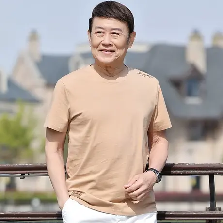 爸爸短袖t恤圆领纯棉夏季男装2023新款衣服中老年人男士半袖上衣商品大图