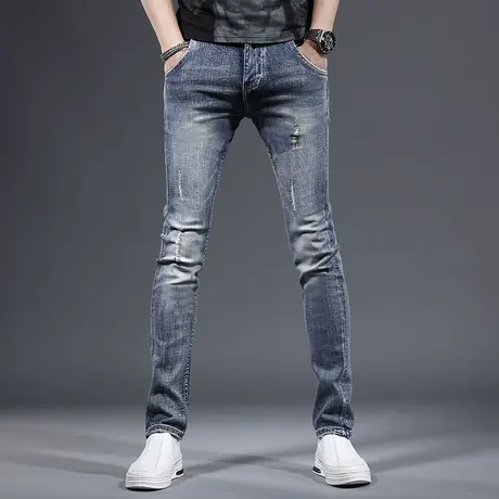 2023新款春季牛仔裤男款修身小脚一字破洞复古蓝色弹力男士牛仔裤商品大图