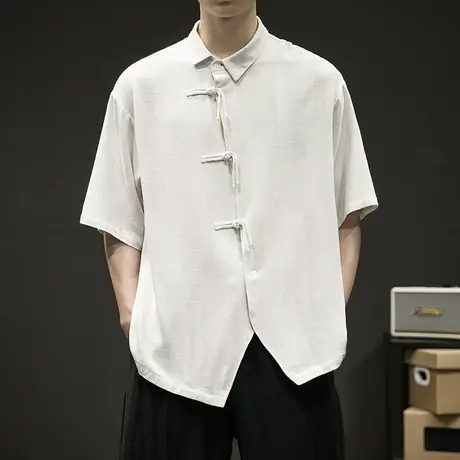 新中式男装棉麻短袖衬衫男国潮宽松中国风唐装男款亚麻五分袖衬衣商品大图