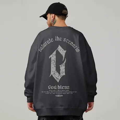 oversize美式圆领卫衣胖男生潮牌ins大码男装秋冬季加绒嘻哈字母图片