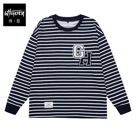 伟臣潮牌大码男装条纹圆领卫衣男胖子加肥加大宽松肥佬套头上衣秋商品大图