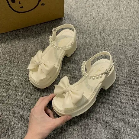 配裙子串珠凉鞋女夏季新款时装仙女风气质粗跟优雅高跟鞋蝴蝶结商品大图