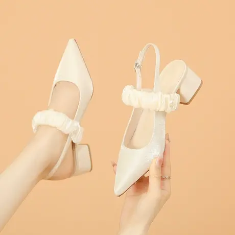 2023年夏季新款一字扣带包头凉鞋女配裙子粗跟高跟鞋时尚尖头单鞋商品大图