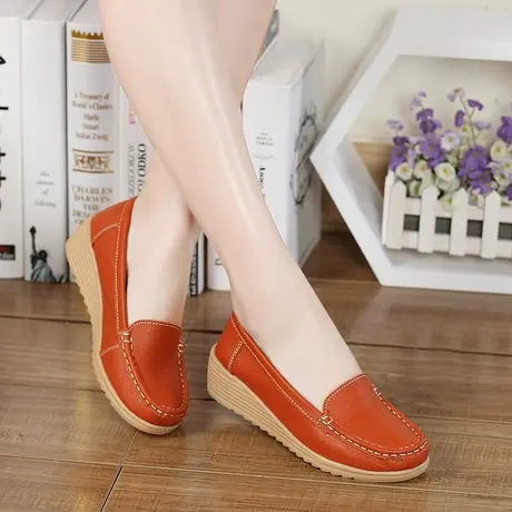 夏季厚底妈妈单鞋女士休闲皮鞋一脚蹬中跟皮鞋中老年皮鞋牛筋防滑商品大图