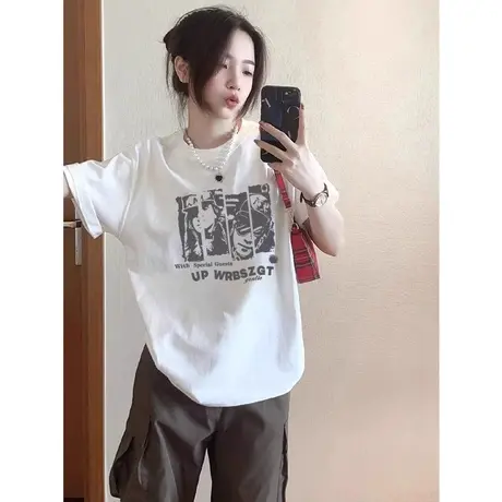 美式复古t恤短袖oversize宽松夏季大码胖mm白色半袖上衣女2-300斤商品大图
