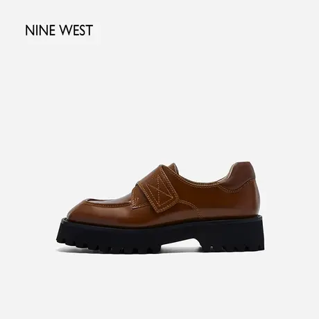 Nine West/玖熙牛皮革乐福鞋女春季新款方圆头开边珠厚底单鞋百搭图片