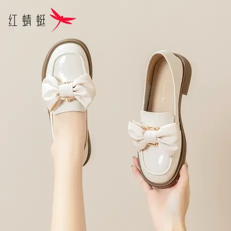 红蜻蜓粗跟百搭乐福鞋女2023夏季新款法式小皮鞋厚底蝴蝶结单鞋女商品大图