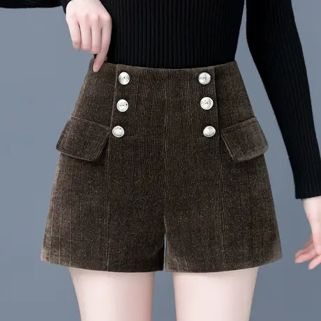咖色灯芯绒短裤女2023秋冬新款条绒高腰宽松a字阔腿靴裤外穿百搭商品大图