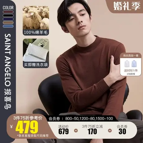 【可机洗】报喜鸟新款男休闲半高领羊毛衫套头纯羊毛针织衫男毛衣图片