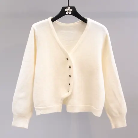 小清新V领毛衣外套女秋冬2023年新款宽松短款百搭不规则针织开衫商品大图