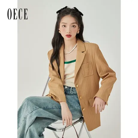 Oece复古设计感西装外套2022秋装新款女装高级感气质女士条纹西服商品大图