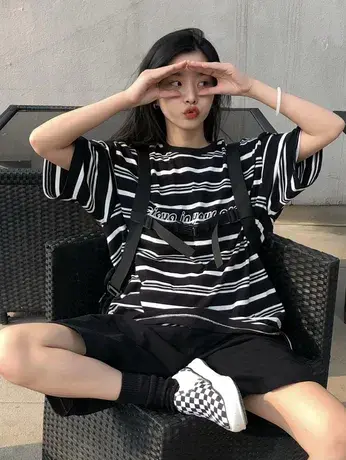 美式条纹短袖t恤男女同款设计感街头ins小众夏季大码新款纯棉上衣商品大图