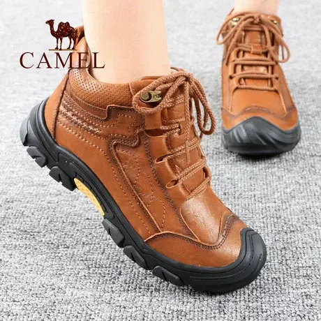 Camel/骆驼女鞋冬季新款真牛皮高帮加绒保暖户外休闲徒步旅游鞋子图片
