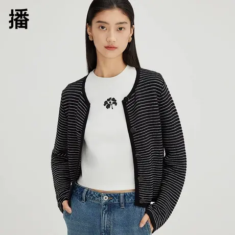 播立体肌理针织开衫女2023秋冬新品小香风提花圆领上衣DDQ4UD5609商品大图