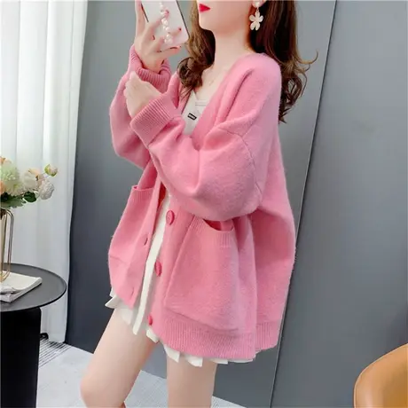 温柔风V领针织开衫女秋季2023年新款宽松慵懒风纯色毛衣外套上衣图片