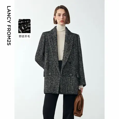 朗姿2024年新款羊毛高级感法式复古双排扣人字纹毛呢外套冬季上衣图片
