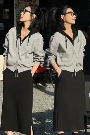 欧货套装空气棉新款2023年春季女装休闲运动连帽卫衣半身裙两件套图片