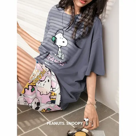 贝妍史努比睡衣女夏季薄款纯棉短袖套装宽松大码可外穿少女家居服商品大图