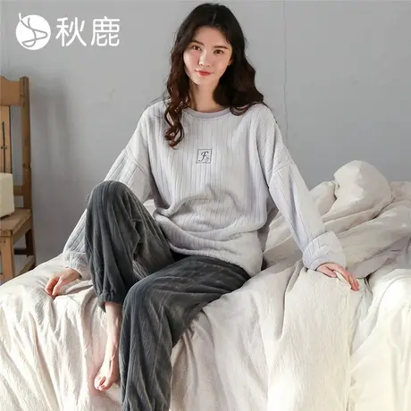 秋鹿【断码仅剩M码】舒棉绒冬天睡衣圆领长袖保暖加厚女秋冬款商品大图