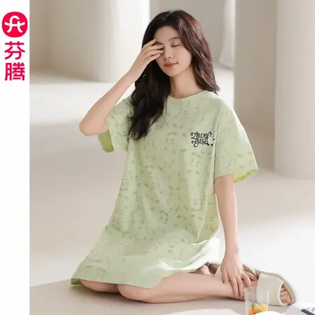 芬腾睡裙女夏季短袖纯棉薄款宽松休闲可外穿大码2025新款连衣裙子商品大图