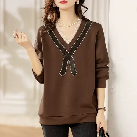 v领花边长袖卫衣女春秋新款宽松加大码女装中年妈妈减龄显瘦上衣商品大图