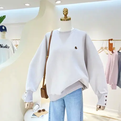 2023春秋百搭简约爱心个性刺绣宽松显瘦圆领套头卫衣女韩版单穿潮商品大图