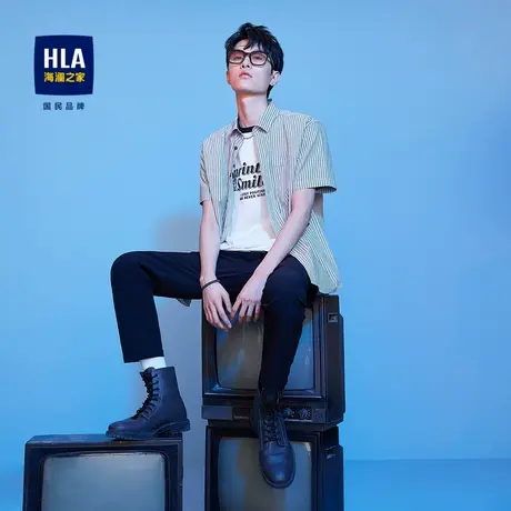 HLA/海澜之家时尚条纹短袖衬衫夏新款弹力简约休闲透气衬衣男商品大图