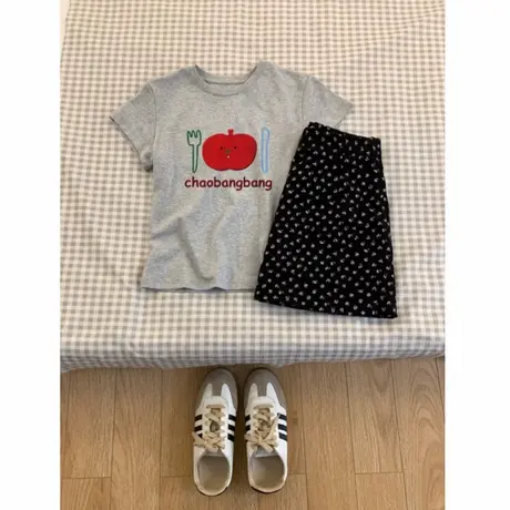 美式正肩灰色短袖t恤女夏季显瘦气质减龄趣味体恤绝美短款小衫ins商品大图