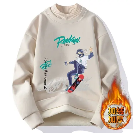 卡通印花卫衣男秋冬款半高领加绒加厚秋衣打底衫男假两件保暖外套商品大图