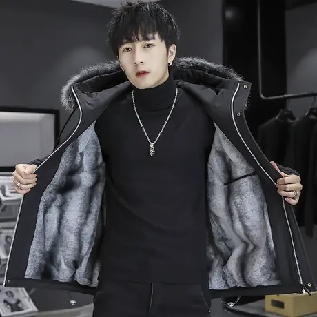 棉衣男冬季潮流休闲连帽加绒加厚冬装短款派克服外套保暖防寒棉袄商品大图