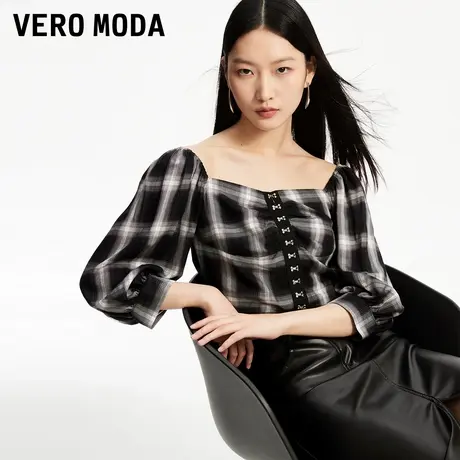 Vero Moda奥莱上衣女早秋新商场同款甜美格纹气质复古七分泡泡袖图片