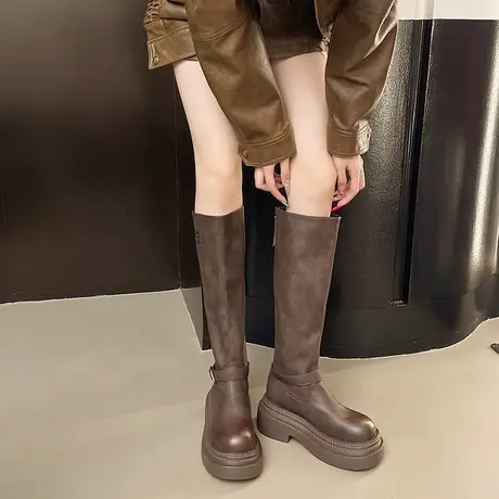 复古粗跟长靴女2025秋季新款气质百搭英伦风靴子小个子增高骑士靴商品大图