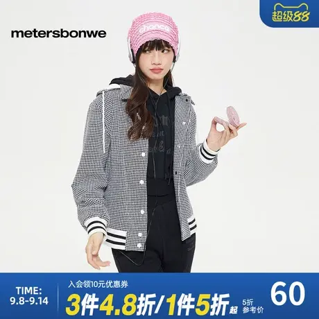 美特斯邦威夹克女春季新款复古格子外套甜美夹克连帽宽松休闲上衣图片