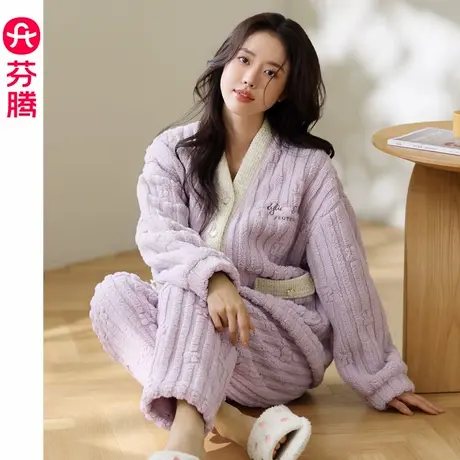 芬腾无领珊瑚绒睡衣女秋冬甜美可爱加厚保暖外穿家居服有口袋套装商品大图