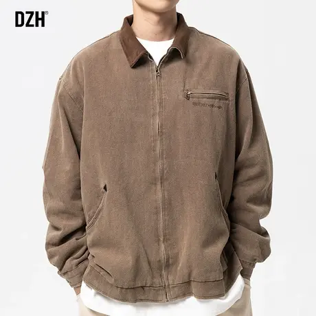 男士复古翻领外套男潮流百搭春秋款2023新款美式短款夹克咖色上衣商品大图