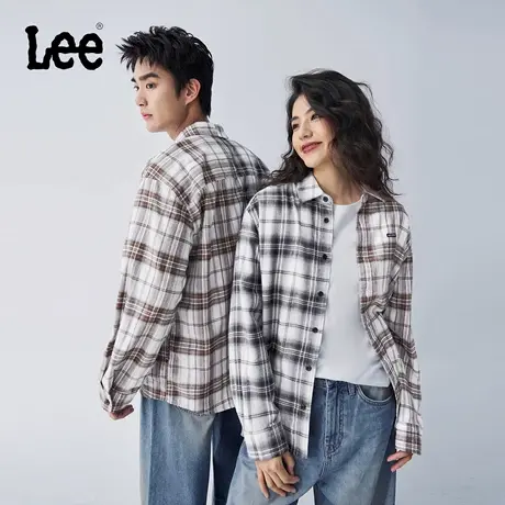 Lee25秋冬新品舒适版翻领黑棕拼色格纹拼接设计男女同款长袖衬衫商品大图