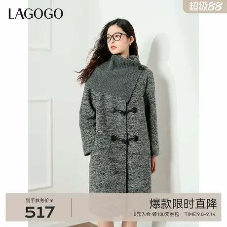 LAGOGO气质格雷灰毛呢外套女拉谷谷2024年冬季款两件套牛角扣大衣商品大图
