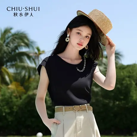 秋水伊人气质通勤上衣2025年夏季商场同款女时尚无袖圆领毛针织衫商品大图