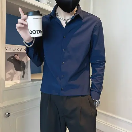 秋季长袖衬衫男潮流韩版纯色简约寸衫INS高级感商务修身打底衬衣商品大图