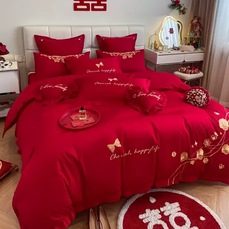 恒源祥纯棉大红色婚庆简约刺绣四件套婚礼双人被套喜婚庆床单枕套商品大图